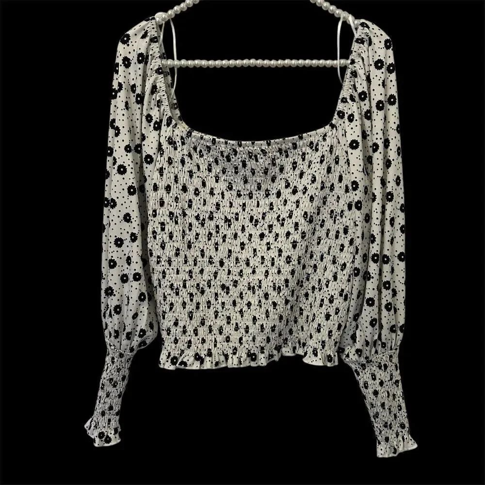 Mi Ami Womens Smocked Cropped Fairy Coquette Top XL Black White Dainty Stretch